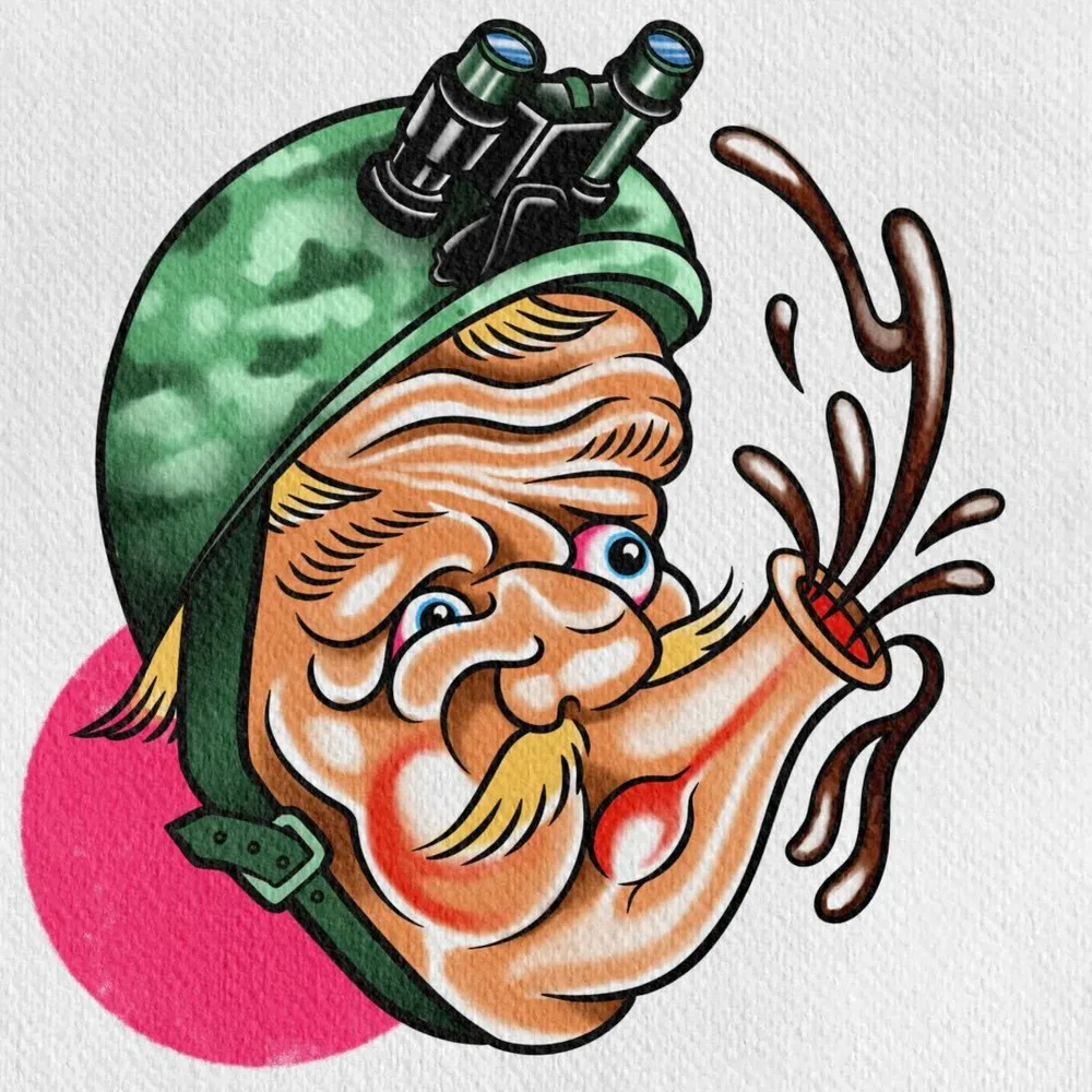Colour traditional flash by Keith Miller: a wide-eyed soldier in a camo helmet and night-vision goggles